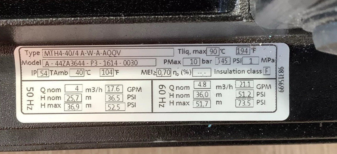 Grundfos #MTC4-4/2 A-WB-A-AQQV Pump w/#ML71BA-2-56C-C Motor